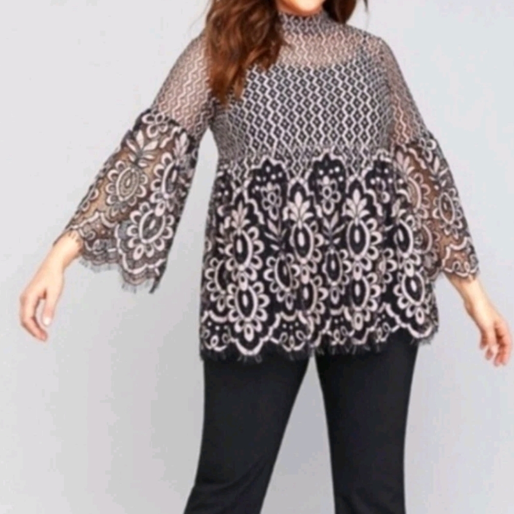 LANE BRYANT Mock Neck Sheer Lace Babydoll Tunic 20 NWT
